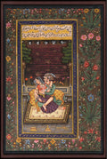 Romantic Couple on the Divan — Mughal Miniature with Floral Border 10×7