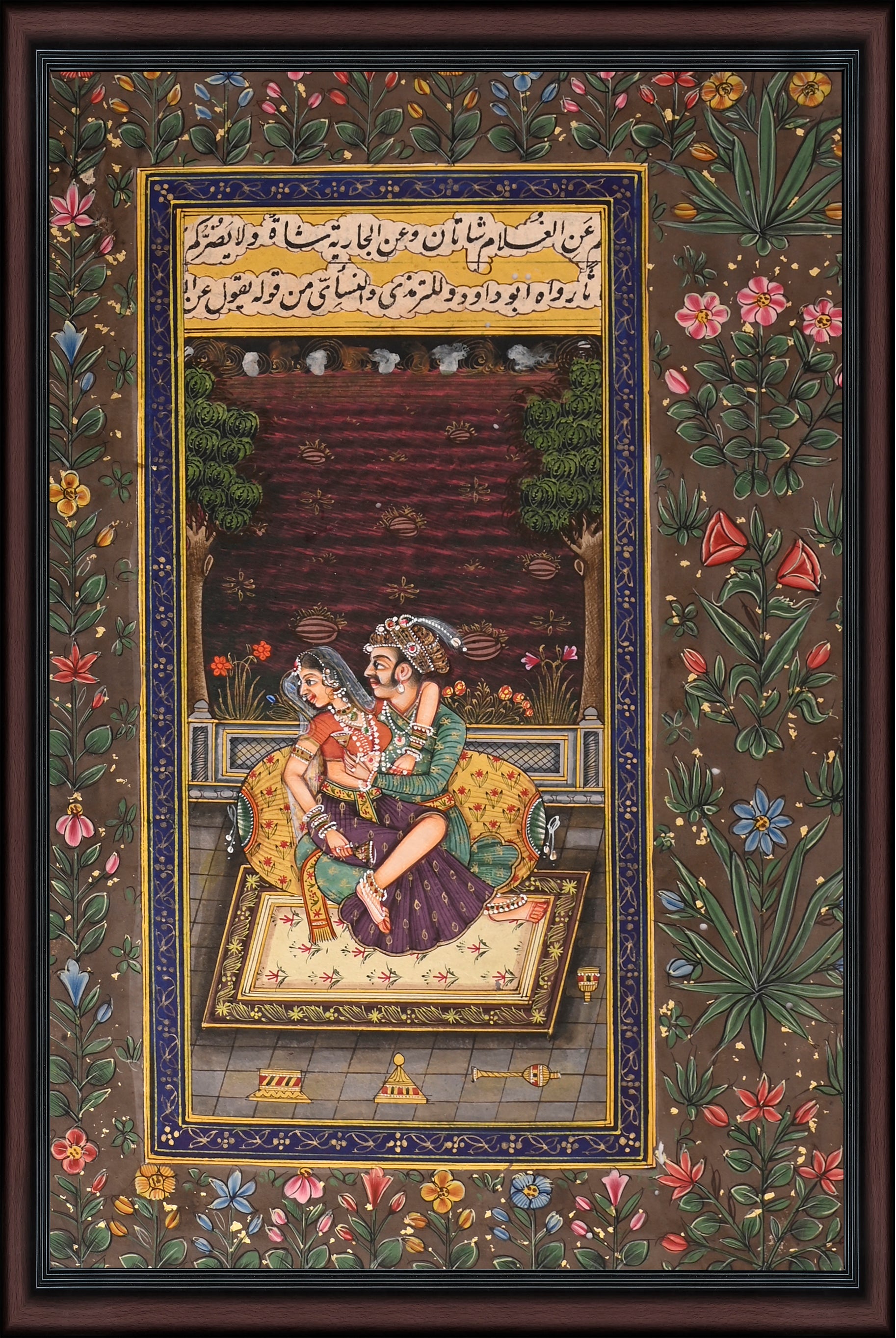 Romantic Couple on the Divan — Mughal Miniature with Floral Border 10×7
