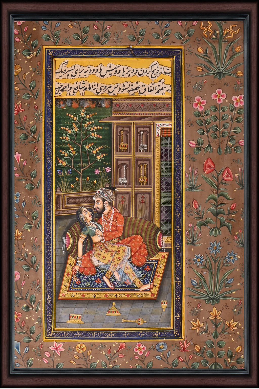 Lovers in the Garden Interior — Mughal Miniature with Floral Border 10×7