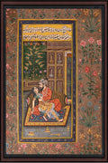 Lovers in the Garden Interior — Mughal Miniature with Floral Border 10×7