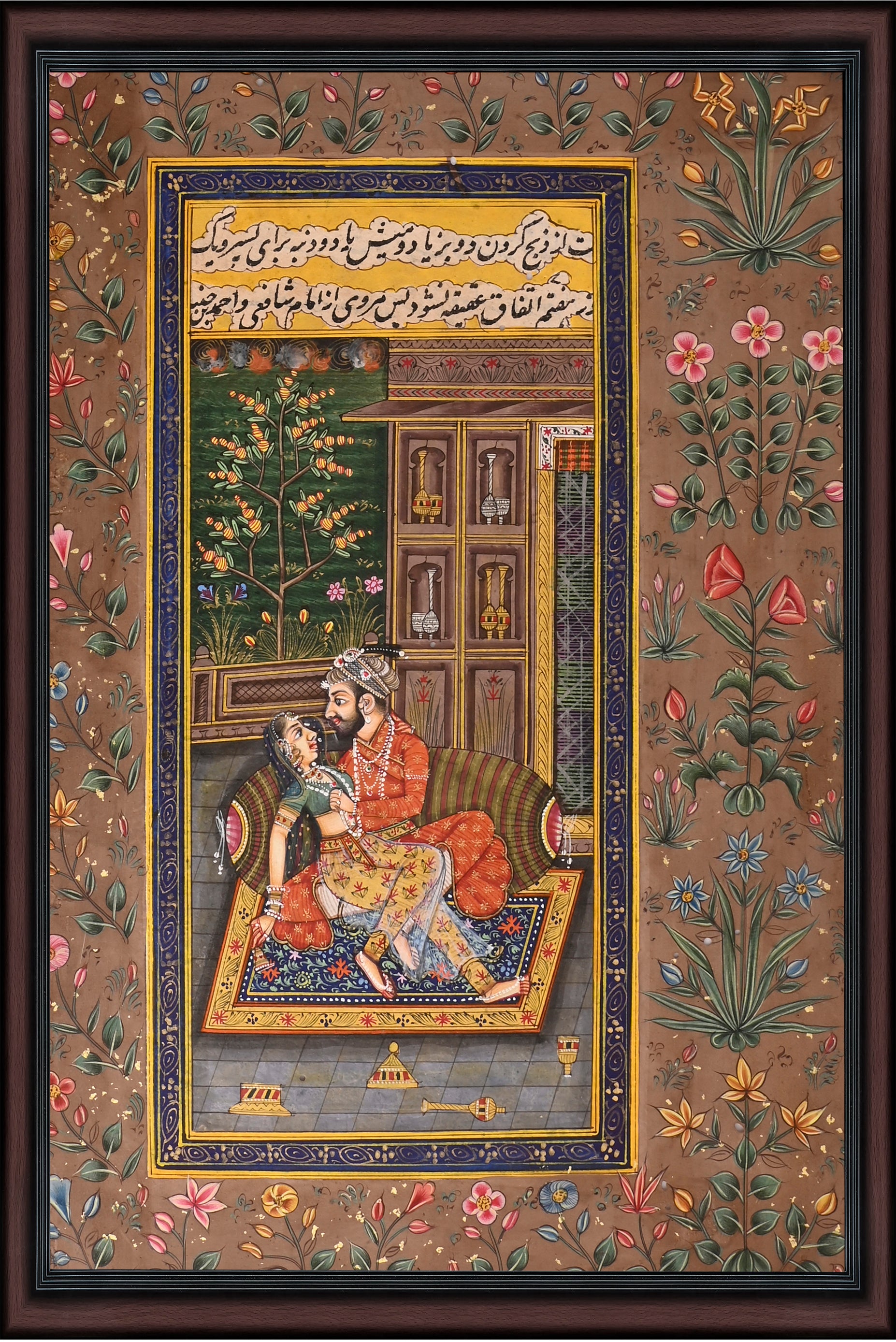 Lovers in the Garden Interior — Mughal Miniature with Floral Border 10×7