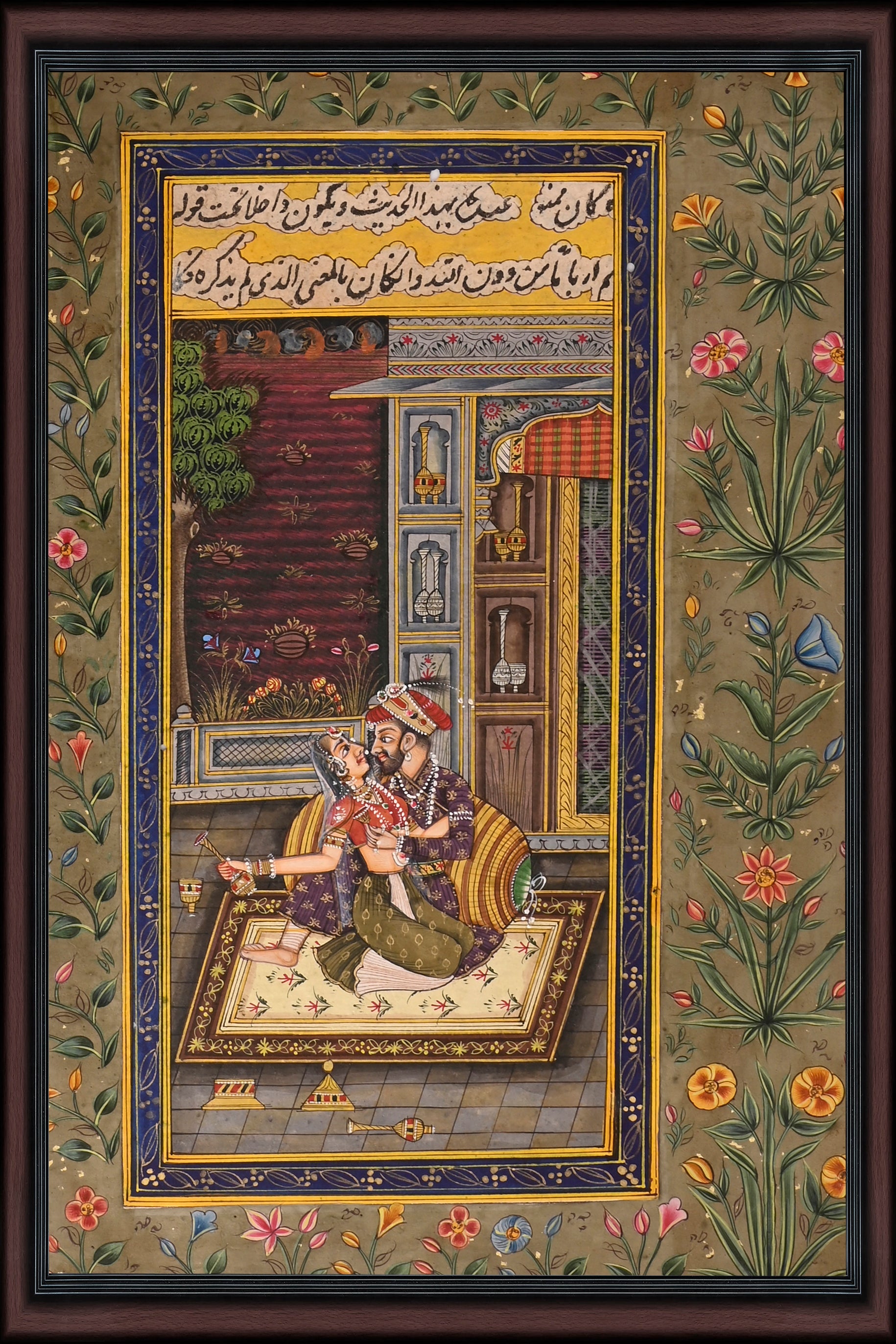 Nayaka and Nayika in Embrace — Mughal Miniature with Floral Border 10×7