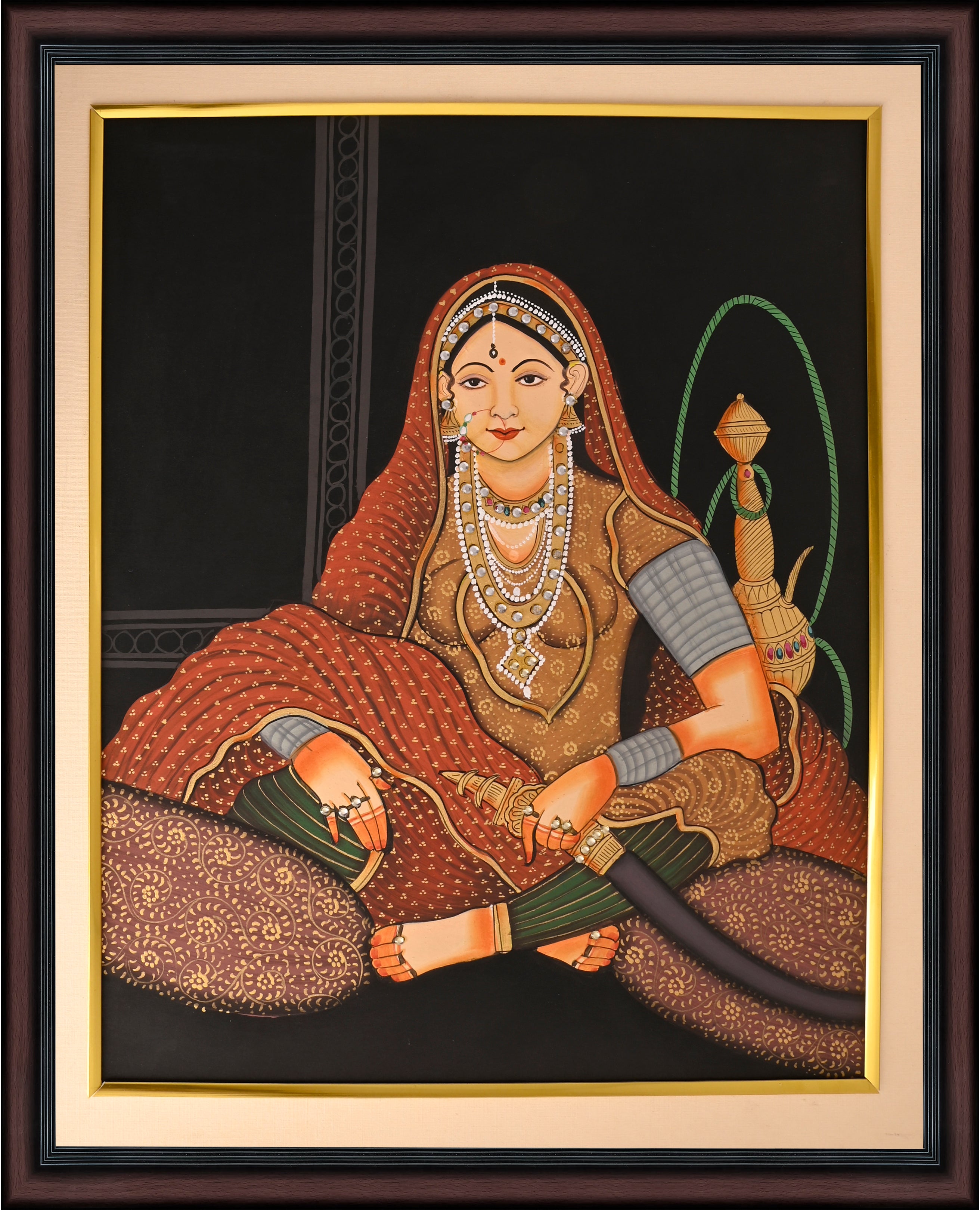 Rajput Queen with Huqqa — Hand-Painted Miniature Portrait on Paper