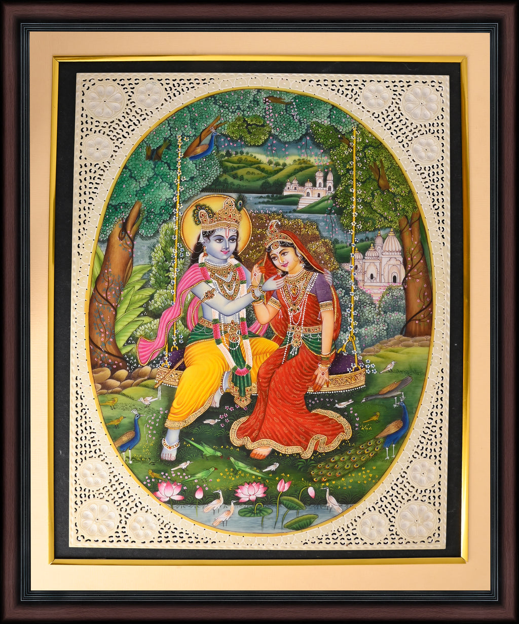 Radha Krishna on the Swing — Miniature on Paper (12×9 in)