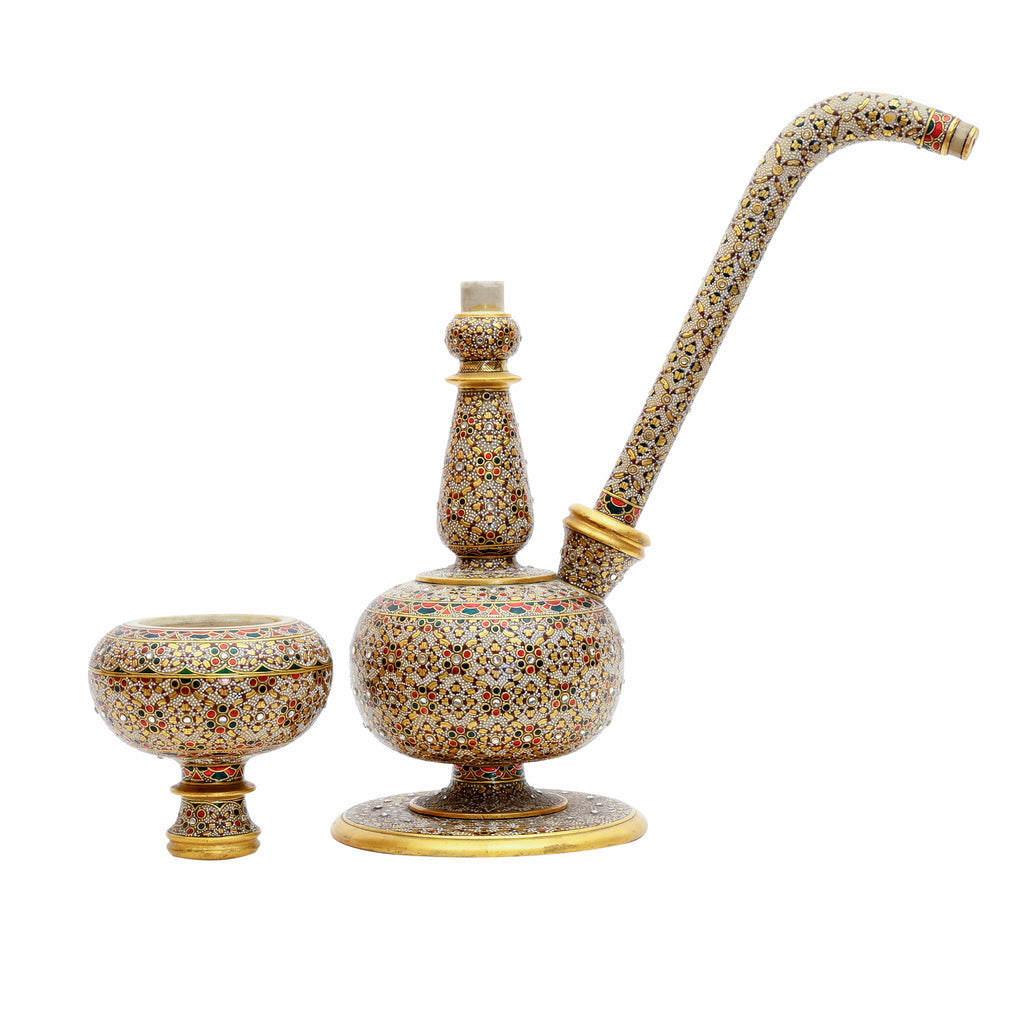Handcrafted Mughal Art Hookah - Gold Embossed Floral & Peacock Medallion Design