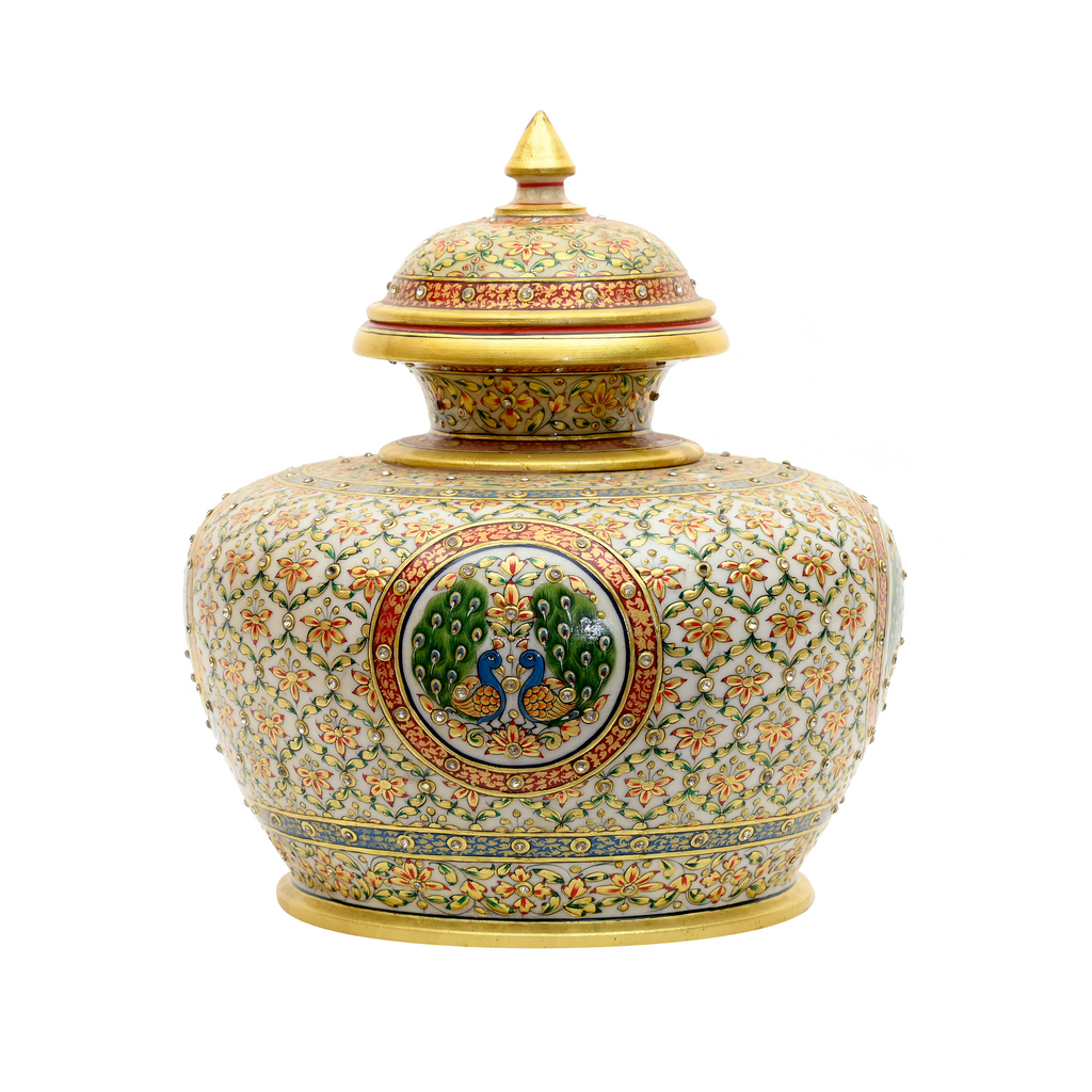 Handcrafted Mughal Art Marble Jar with Lid – Gold Embossed Floral & Peacock Medallion Design