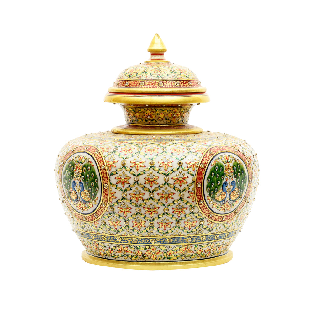 Handcrafted Mughal Art Marble Jar with Lid – Gold Embossed Floral & Peacock Medallion Design