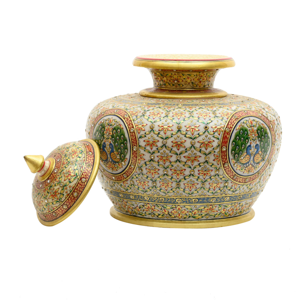 Handcrafted Mughal Art Marble Jar with Lid – Gold Embossed Floral & Peacock Medallion Design