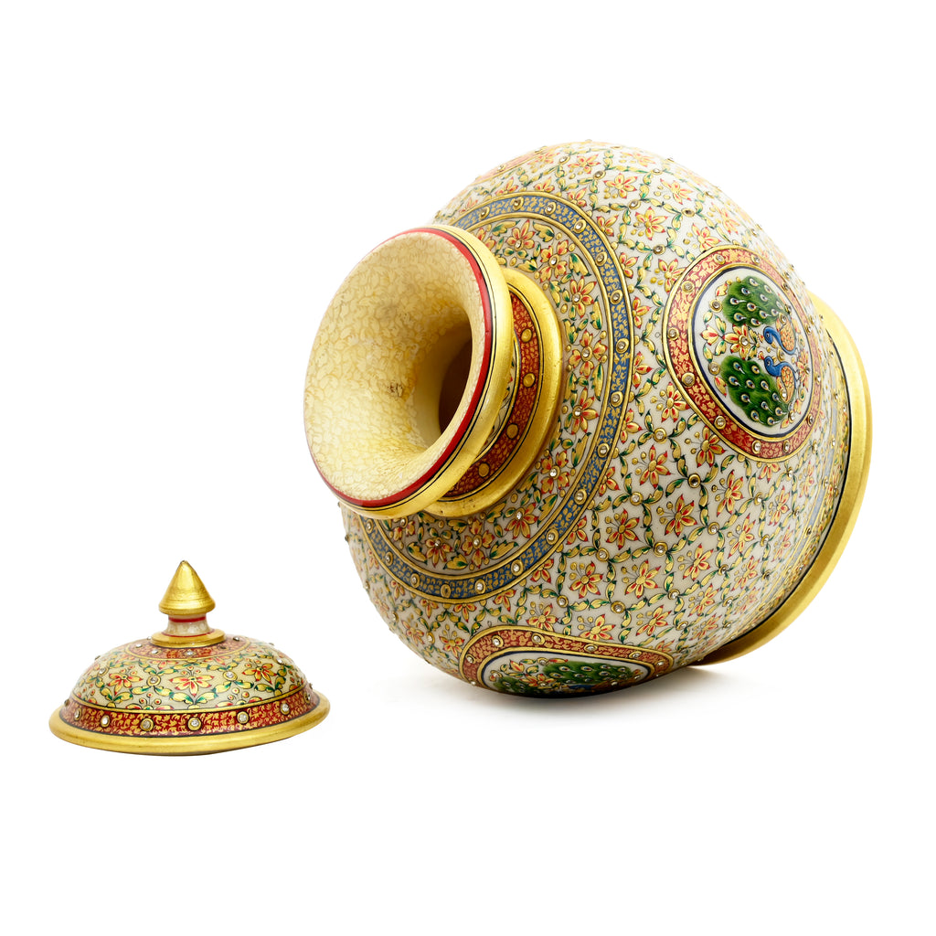 Handcrafted Mughal Art Marble Jar with Lid – Gold Embossed Floral & Peacock Medallion Design
