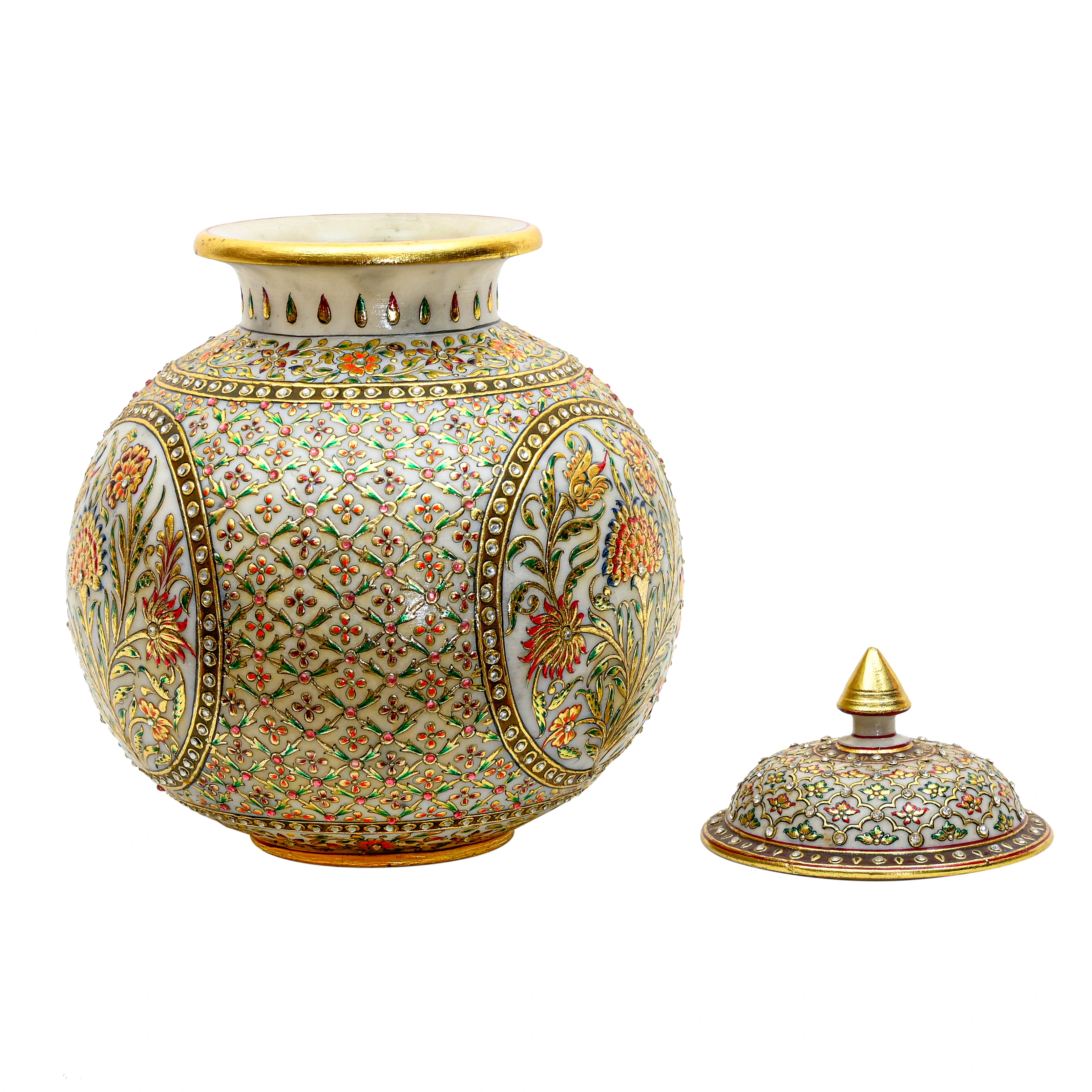 Ornamental Meenakari Vase with Lid - Gold Plated Decorative Jar