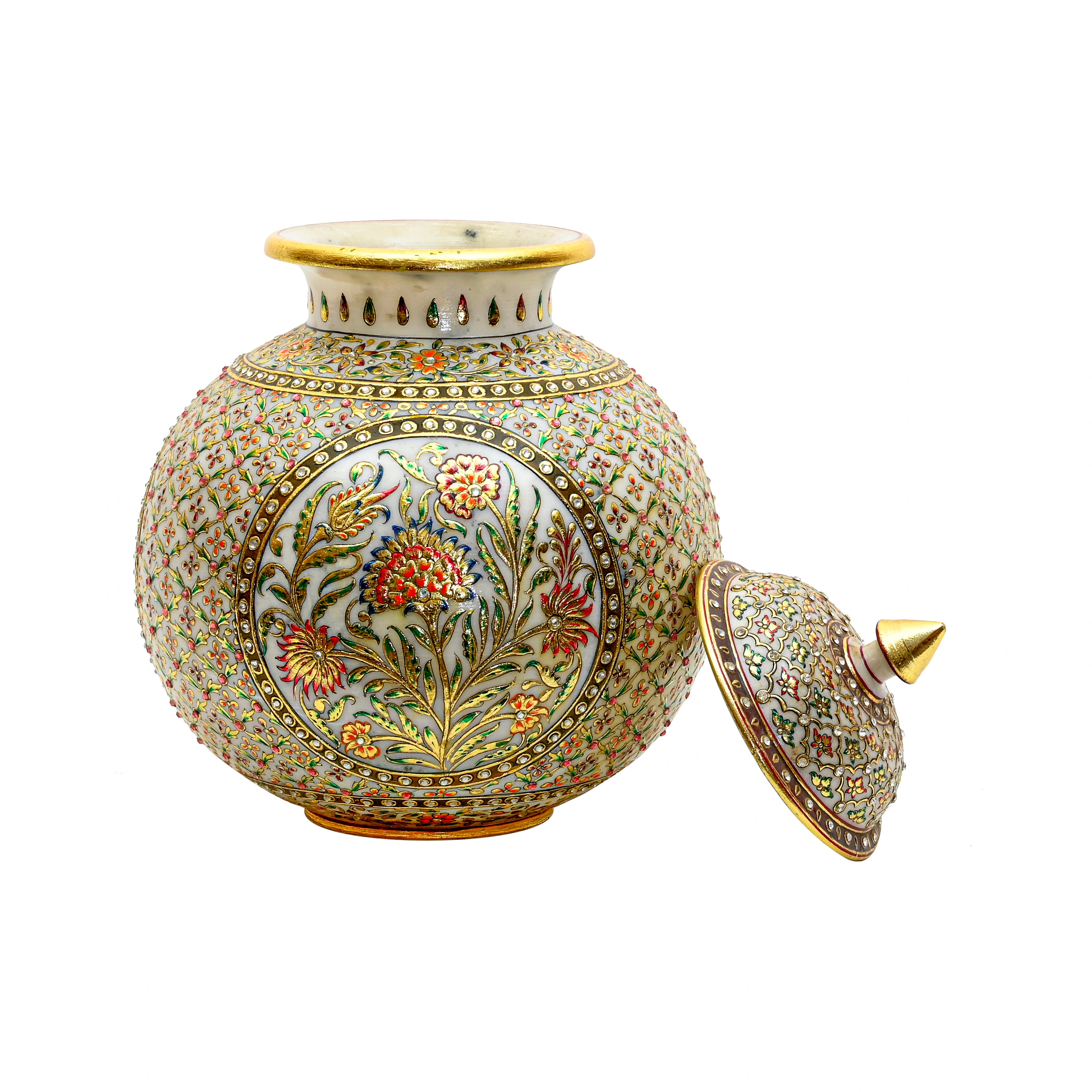 Ornamental Meenakari Vase with Lid - Gold Plated Decorative Jar