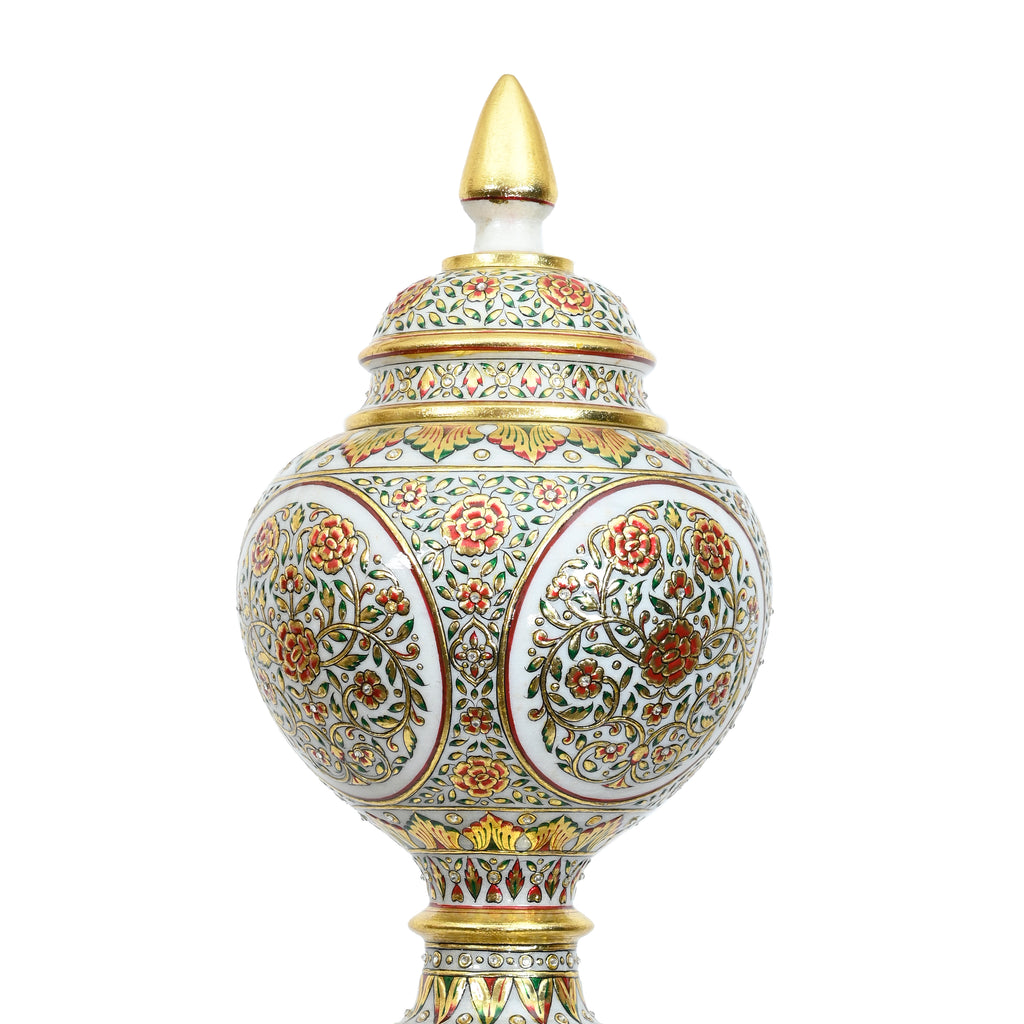 Makrana Marble Surahi — Floral Gold Work with Dome Lid