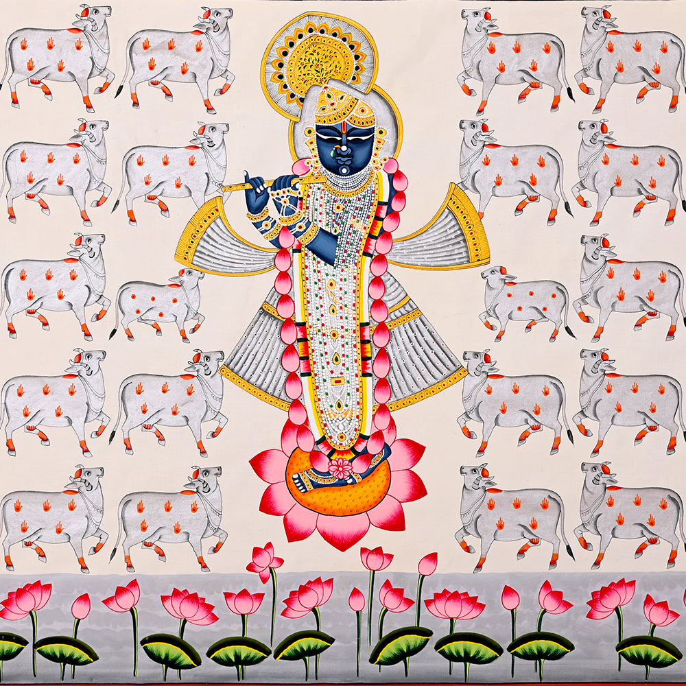 Shrinathji Gau-Seva Pichwai Painting – Hand-Painted Rajasthani Art (3 x 4 ft)