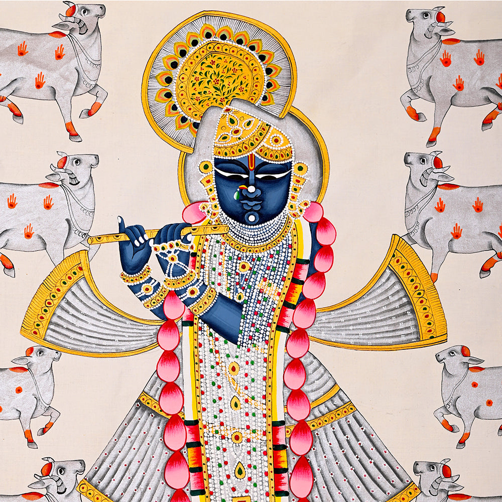 Shrinathji Gau-Seva Pichwai Painting – Hand-Painted Rajasthani Art (3 x 4 ft)
